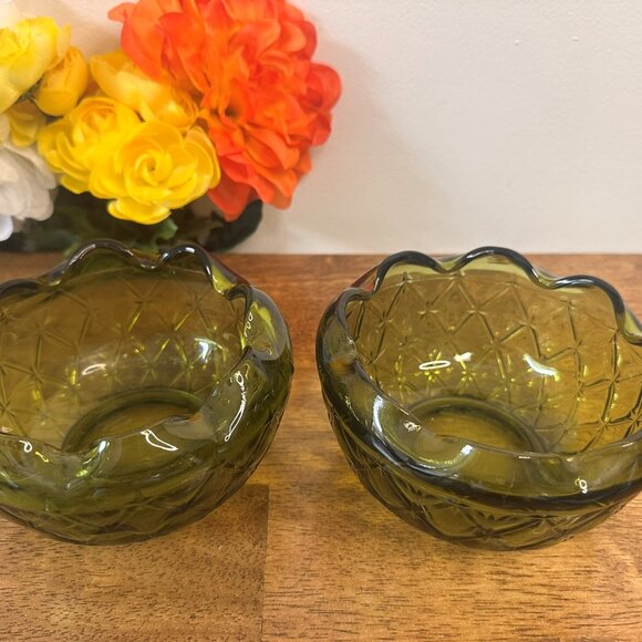 Indiana Glass Avocado Green Quilted Bowls Vintage Textured Diamond Star Pattern - Picture 3 of 7